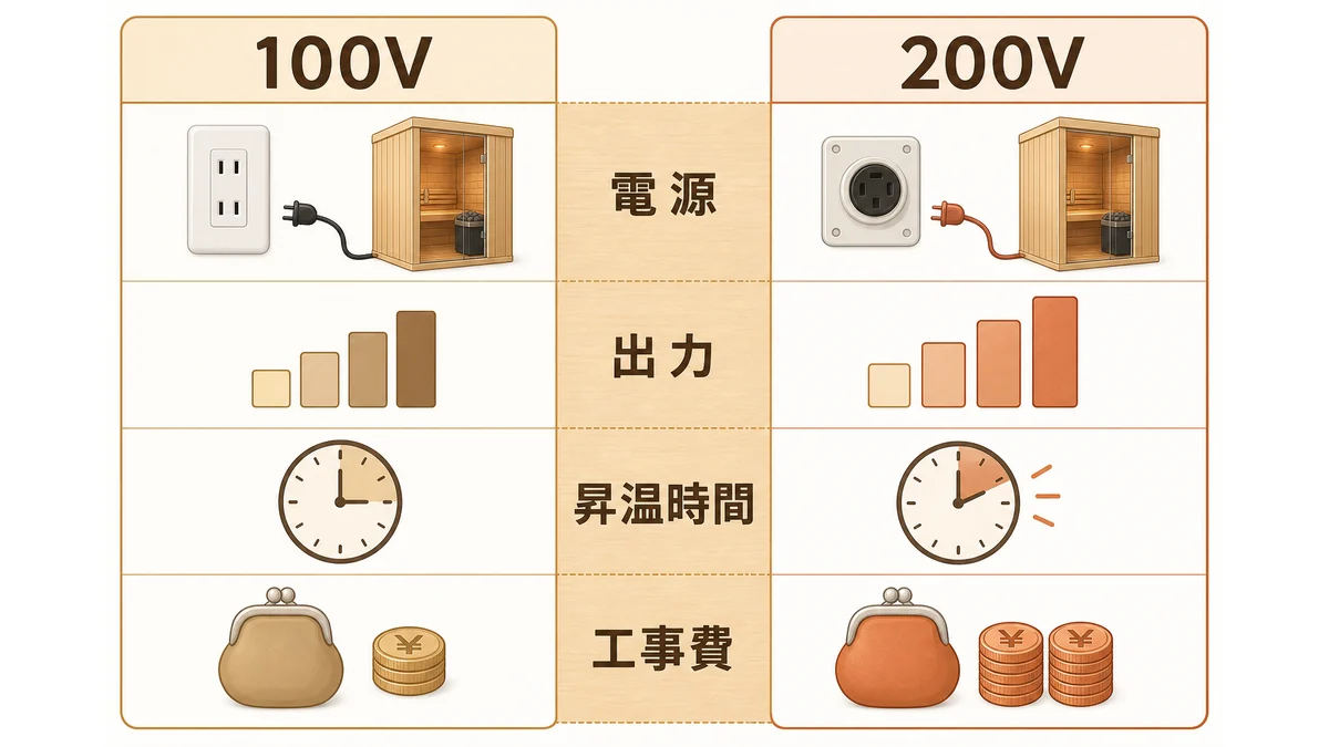 家庭用サウナの100Vと200Vの比較図