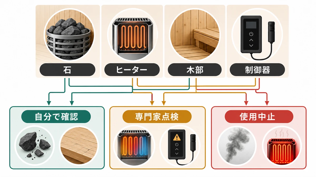 家庭用サウナのストーン・ヒーター・木部・制御盤・センサーを資料確認先で分ける図