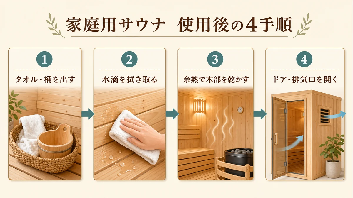 家庭用サウナの使用後乾燥と定期清掃を分けた手入れ手順の図