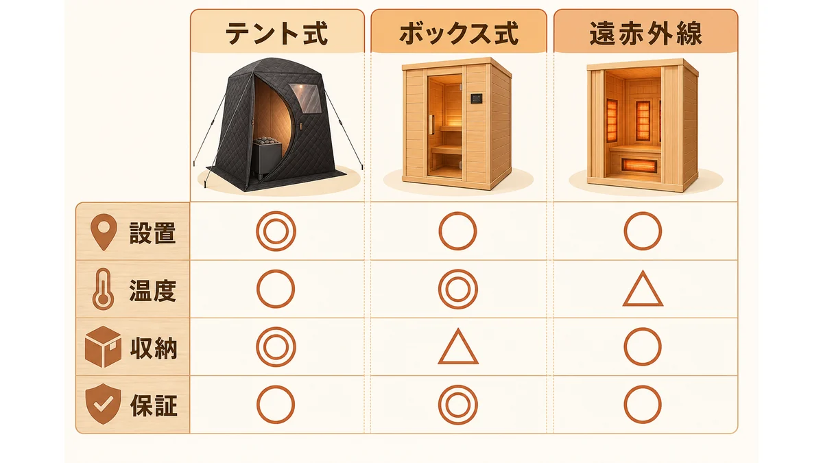 工事不要サウナの種類と条件を比べる図