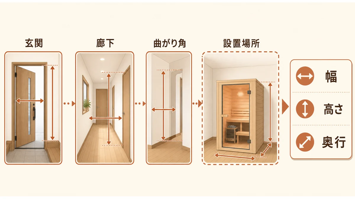 一人用サウナの設置場所と搬入経路を測る図